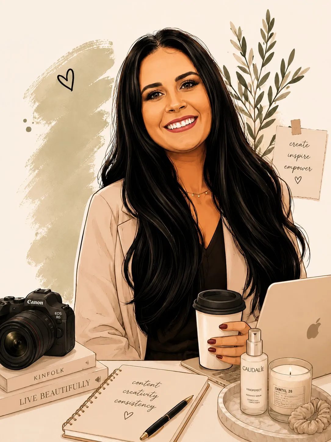 Illustrated portrait of Sonja du Plessis at her content creation desk
